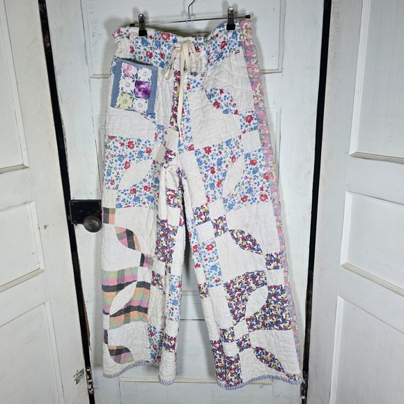 Pants - Handmade upcycled vintage quilt pants with embroidered doilie‎ pockets OS
